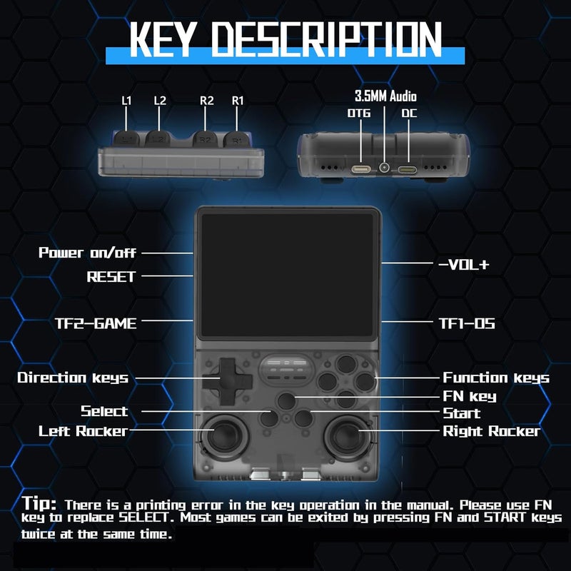 FVBADE [30000 in 1] R40S PRO Handheld Game Console 3.5 inch IPS Screen Mini Retro Console 3800mAh Portable Pocket Arcade 45+ Mainstream Emulator 256G TF Card Transparent.(Black) - Image 4